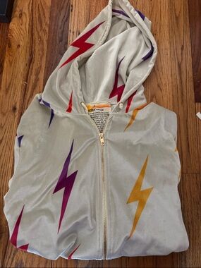 Light Gray/Cream crushed velvet  Hoodie with Colorful Lightning Bolts